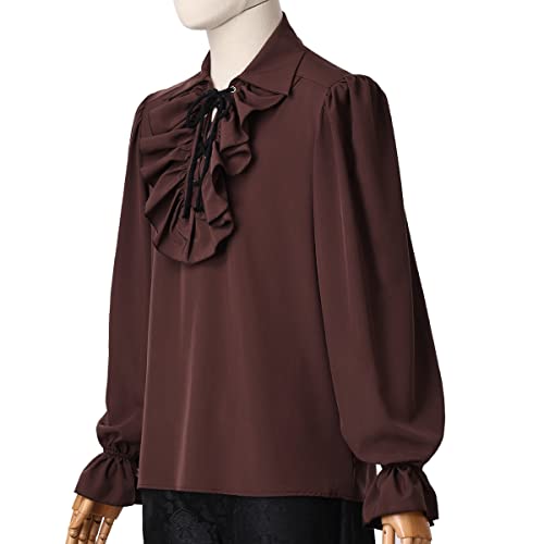 COSDREAMER Mens Renaissance Costume Poets Shirt Medieval Pirate Tops Blouse (Coffee, S) - Image 3