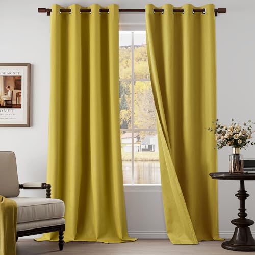 Extra Lenght 100% Blackout Linen Textured Curtains 120 Inch Length 2 Panels Set for Living Room, Bedroom, Full Blackout Curtains with Grommets Top, Gold, 52" W x 120" L, 2 Panels