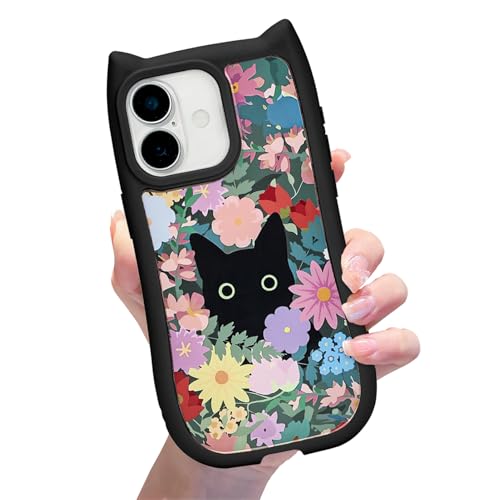 xoniery Compatible with iPhone 17 Cute Flower Case [ 3D Cat Colorful Flowers ] [ Senior Shockproof Protective ] for iPhone 17 Clear Case for Women Girls-Black