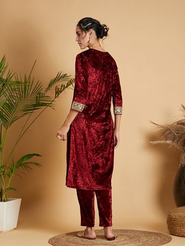 Image of Women's Velvet Floral Embroidered Straight Kurta | Round Neck Three-Quarter Sleeve Calf Length Kurti with Thread Work