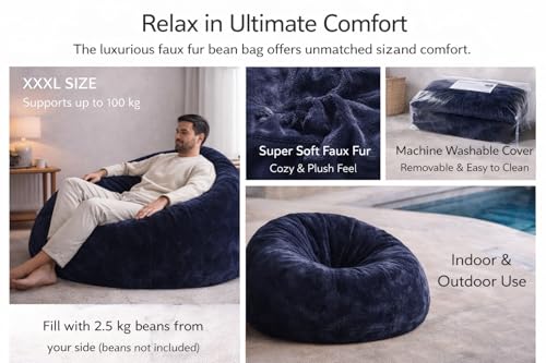 Image of Mollismoons Faux Fur Bean Bag Chair Cover for Adults & Kids | Luxury Lounger & Round Floor Sofa Seating | Modern Cozy Feel | No Beans Included