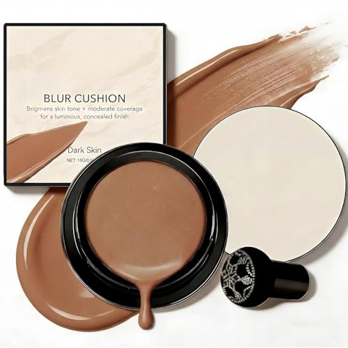 Deep Shade Cushion CC Foundation, Air Cushion CC Cream with Mushroom Head Applicator, Buildable Coverage Moisturizing Foundation, Long Lasting Natural Finish Makeup for Deep Skin Tones