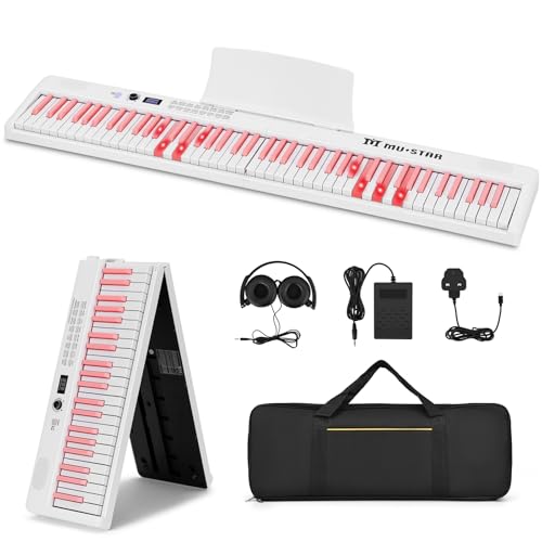 MUSTAR 88 Key Piano Keyboard with Lighted Up Keys, Foldable Electric Piano Keyboard Semi-Weighted, Portable Digital Piano for Beginners, Bluetooth, USB MIDI, Headphones, Case, Sustain Pedal (Pink)