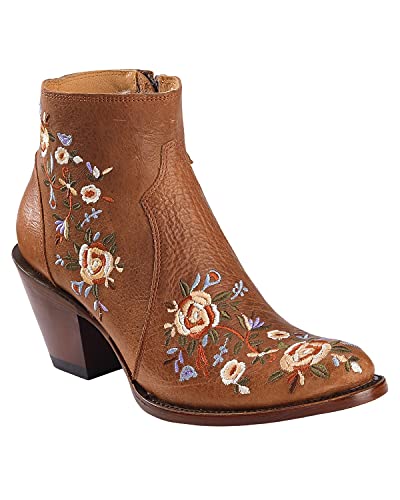 Shyanne Women's Millie Floral Embroidered Booties Round Toe Brown #TOP21