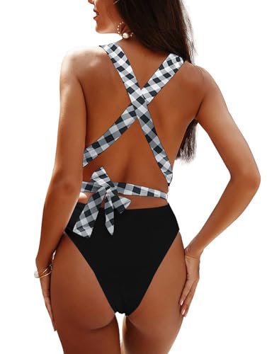 Image of Lilosy Sexy Tie Criss Cross Plunge One Piece Thong Swimsuit High Cut Brazilian Bathing Suit