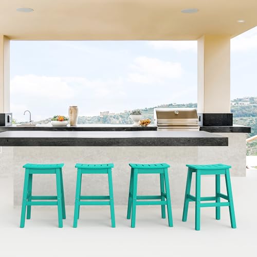 Image of Outdoor Bar Stools Set of 6, 25 inch HDPE Counter Height Bar Stools, All Weather Resistant Patio Bar Stools for Balcony, Backyard, Turquoise