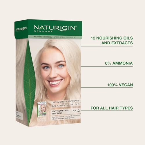 Image of Naturigin Permanent Hair Color, 11.2 Extreme Ash Blonde, Ammonia Free, 100% Gray Coverage, Nourishing Natural Formula, For All Hair Types, Long-Lasting, Vegan & Cruelty-Free, 1 Pack