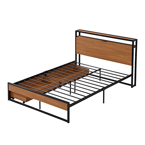 Full Size Metal Platform Bed Frame With 2 Storage Drawers, Sockets, Usb Ports And Slat Support, Metal Full Bed Frame With Wooden Headboard & Footboard, No Box Spring Needed (Full, Black) #TOP4