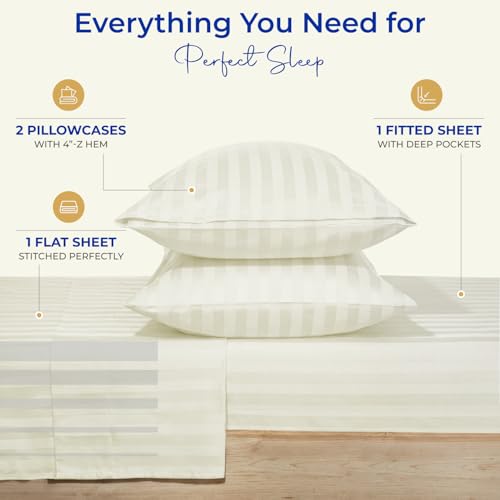 Image of THREAD SPREAD California King Bed Sheets, Luxury 1000 Series Paradise Collection 100% Egyptian Cotton Damask Striped Cal King Sheets Set (4 PC, Ivory Stripe), 16 inch Deep Pocket Hotel Sheet Set
