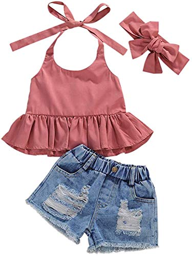2Pcs Toddler Baby Girl Summer Shorts Set Ruffle Halter Crop Top + Ribbed Denim Shorts Jeans Casual Fashion Clothes (Rose Denim, 12-18 Months)