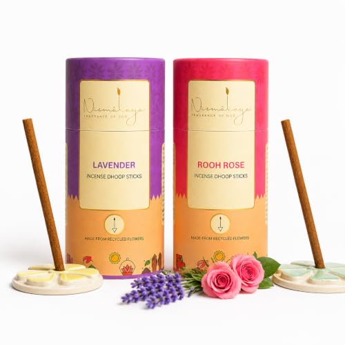 Image of Nirmalaya Premium Lavender & Rose Bambooless Dhoop Sticks (80 Sticks) with Ceramic Stand Sacred Temple Flower | 100% Charcoal-Free | for Pooja, Meditation, Yoga & Home Fragrance