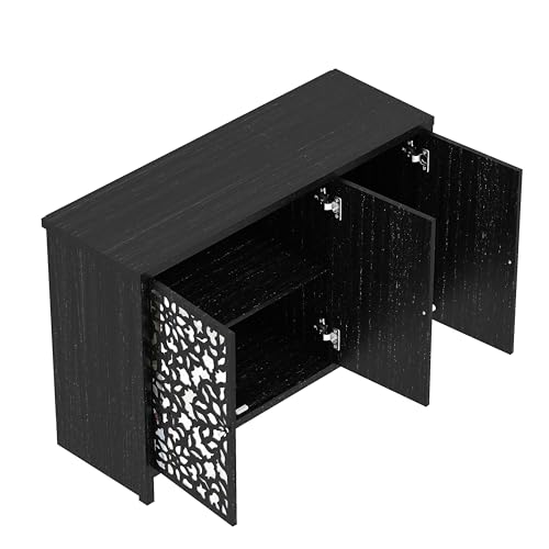 Galano Norwich 3-Door Sideboard – Contemporary Laser-Cut Design with Acrylic Mirror – Storage Cabinet for Living Room, Bedroom, or Kitchen – Rustic Black Oak Finish - Image 9