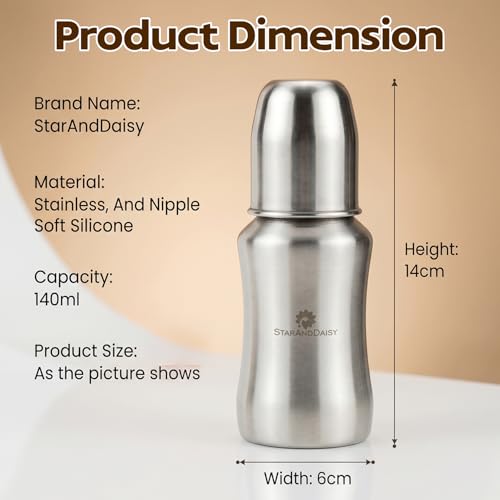 Image of StarAndDaisy Baby Milk Bottle for new Born /Infant /Toddler 140 ML SUS 304 Steel Baby Feeding Bottle for 0+ Months, BPA Free Leakproof Bottle, Anti Colic, Easy to Clean -Silver (Silver -140ML)