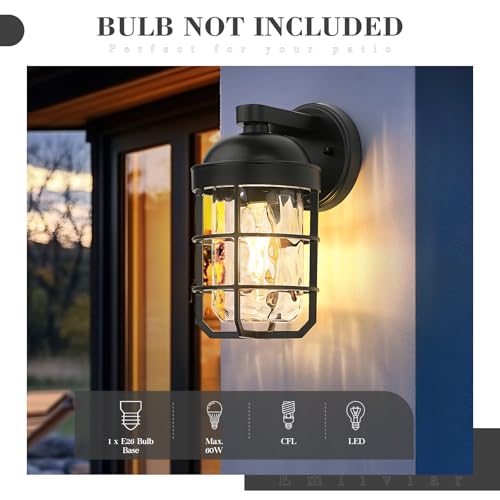 Image of Emliviar 1-Light Porch Wall Lantern with Metal Cage, Outdoor Sconce Wall Mounted Lighting with Water Ripple Glass, Matte Black Finish, GE255BL BK-WG