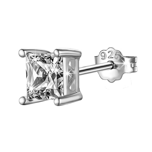Image of SIVYAA Men's Single White /Black Square Solitaire Diamond Stud Earrings | Pure 925 Sterling Silver | Princess Cut Swiss Cubic Zirconia Ear Tops | Gift Item for Men and Boys | 6 Month Warranty