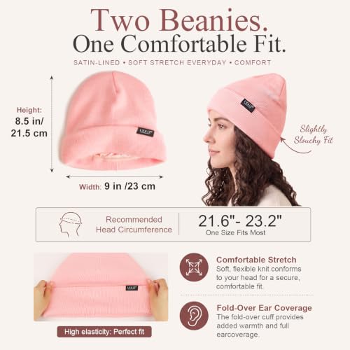 Image of 2 Pack Satin Lined Beanies for Men and Women Warm Cuffed Winter Hats | 60% cotton and 40% acrylic knit with smooth satin lining, stretch fit, cuffed ear coverage, and two-hat value for winter wear