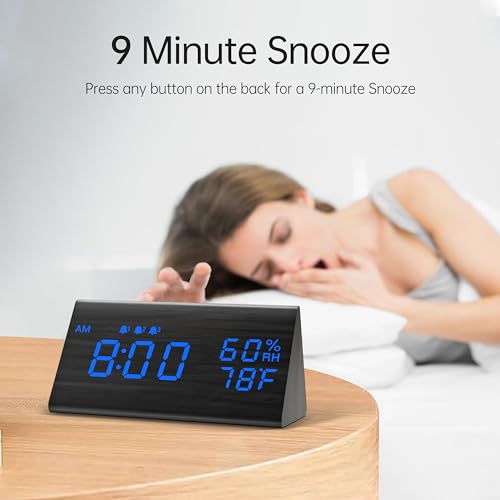 Image of JALL Wooden Digital Alarm Clock for Bedrooms and Office, 3 Alarms with Big Digits, Humidity and Temperature Display, 6-Level Dimmer, Snooze, Loud Desk Clock for Heavy Sleepers, Plug in (Black)