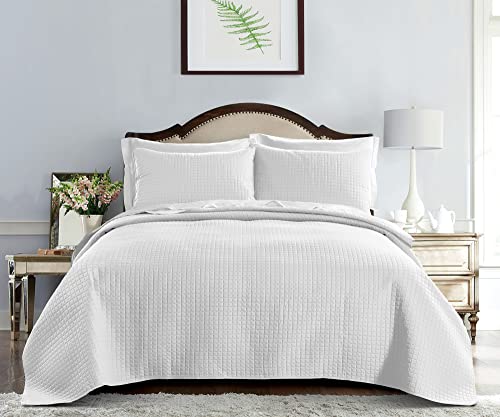 Quilt Set Full/Queen Size Pure White - Oversized Bedspread - Soft Microfiber Lightweight Coverlet For All Season - 3 Piece Includes 1 Quilt And 2 Shams, Square Pattern #TOP1