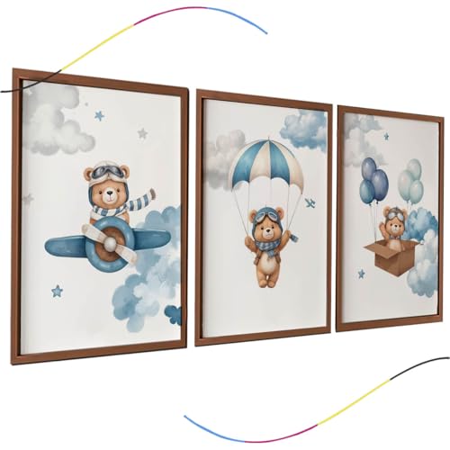 Conjunto de 3 Quadros Decorativos Infantis com moldura, Urso Aviador em Azul, Arte para Quarto de Bebê, Moldura Marrom