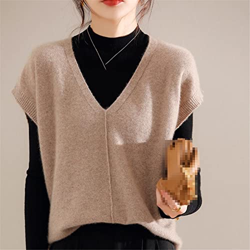 100% Cashmere Short Sweater Vest Sleeveless V Neck Pullover Sweater Solid Knit Pullover Vest (Beige M)2