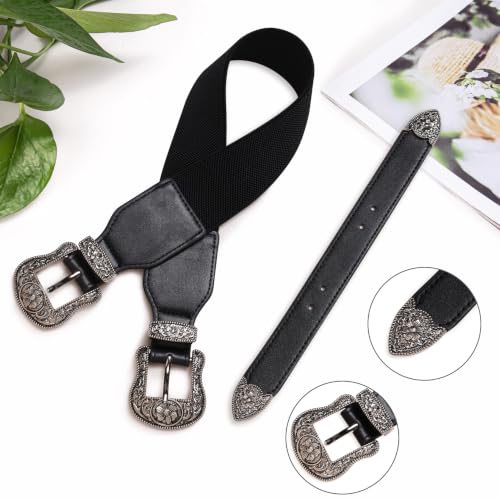 Image of Womens Belt Chain Leather Belts Vintage Western Adjustable Elastic Double Buckle for Cowboy Pant Dress