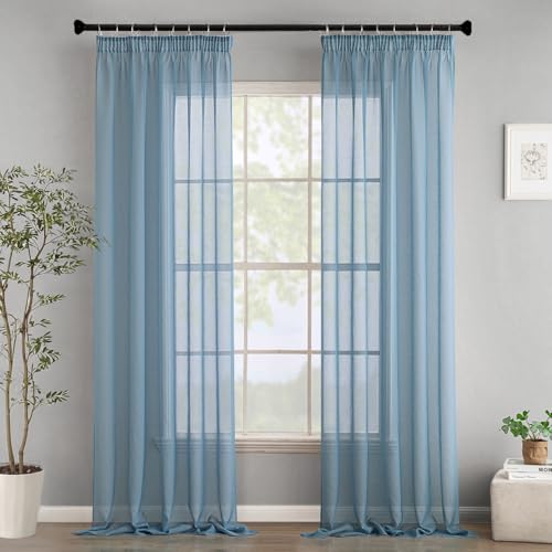 Woaboy Cortinas Dormitorio Juvenil Visillo Ventana Translúcido Moderna Cortina con Cinta Fruncidora para Salón Habitación 2 Piezas 140x245cm Azul Oscuro