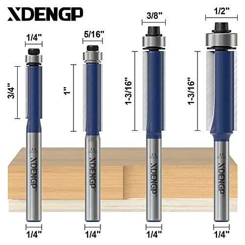 Image of 4Pcs Flush Trim Router Bits Set 1 /4 Inch Shank, Bottom Bearing Flush Cut Trim Router Bit for Woodworking, Cutting Diameter: 1 /4 inch, 5 /16 inch, 3 /8 inch, 1 /2 inch