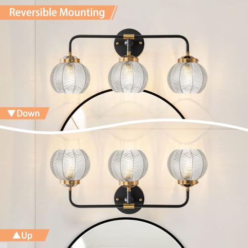 Image of Bathroom Vanity Light Fixture 3 Light Glass Globe Wall Sconce Lights | Black Wall Mount Light Fixtures with 5.9in Clear Glass Shade, Mid Century Modern Wall Sconce for Over Mirror Bedroom Hallway