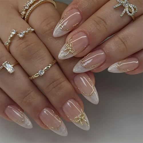 White French Tip Press on Nails Medium Almond Shape Summer