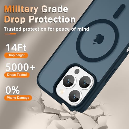 Image of YENAPOON for iPhone 16 Pro Case, Matte Magnetic Phone Cover [with 1 Screen Protector] [Support for MagSafe] [Shockproof Military Grade Protection] Translucent Frosted Back, Navy Blue