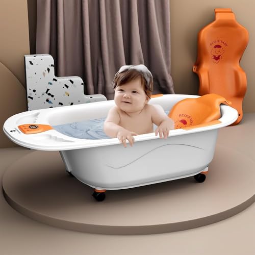 Image of StarAndDaisy Baby Bath Tub for 0 to 5 Years /Bath Tub for Kids 0-3 Years /Infants Bathtub with Temperature Censor & Baby Bath Seat /Sling, Antislip Kids Bath Tub with Bath Chair -White Orange