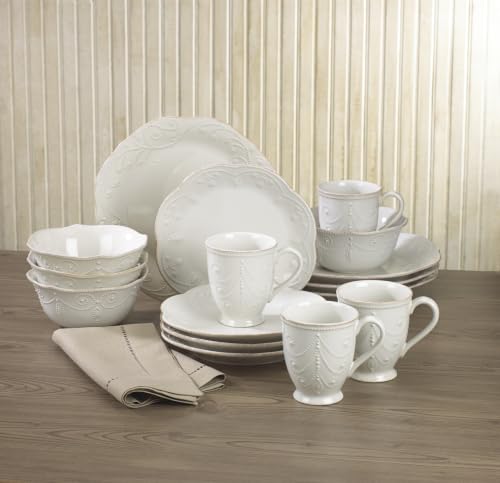 Image of Lenox Dinnerware Set, French Perle White 16-Piece Set, Service For 4, Stoneware Material, Dishwasher Safe, Microwave Safe, Plates, Bowls, Mugs, Plates and Bowls, Dishes (White, 16 Piece)