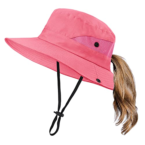 Kids Girls Sun Hat With Ponytail Hole Wide Brim Uv Protection Bucket Cap Foldable Summer Beach Fishing Hats For Girls Pure Watermelon Red 5-12 Years #TOP17