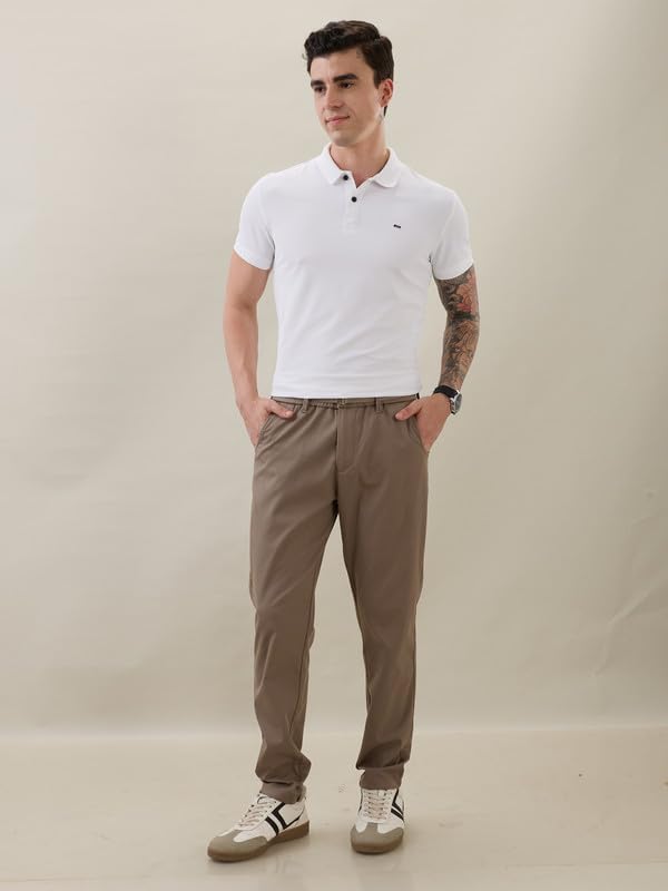 Image of Nostrum Men's Smart-Casual Tapered Trousers for Men, Charcoal, Cotton Corduroy, Mid Rise, Regular Slim Fit with Adjustable Belt, Side and Back Pockets, Casual Wea