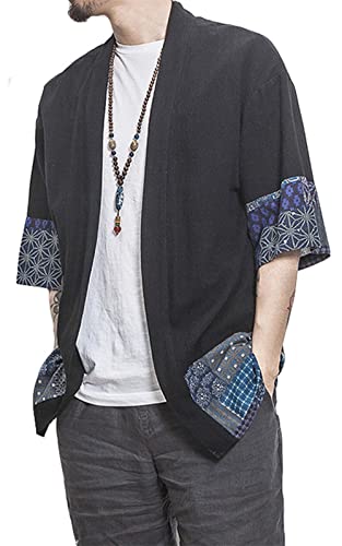 perdontoo Men's Casual Kimono Shirt Light Linen Short Sleeve Open Front Cardigan2