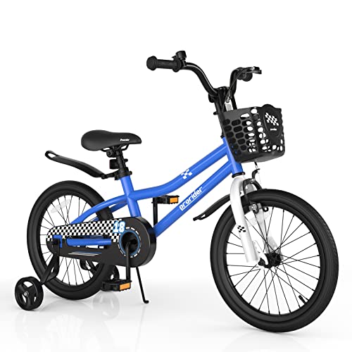BABY JOY Kids Bike, 18 Inch Children Bikes for Boys Girls Age 4-8 Years w/Training Wheels, Handbrake, Coaster Brake & Removable Basket, Kids Bicycle of Multiple Colors