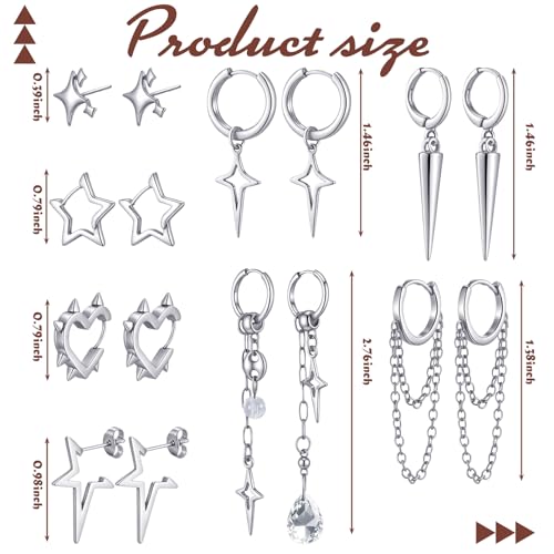 Quelay 8 Pairs Hoop Dangle Earrings for Men Women Goth Gothic Grunge Emo Punk Y2k Kpop Tassel Chain Drop Stud Earrings Christmas Jewelry Gifts2