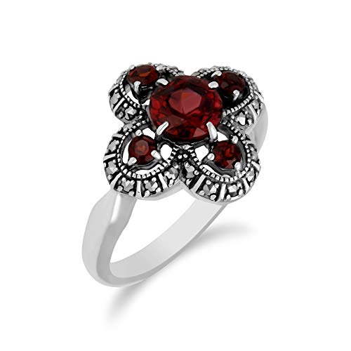 Image of Gemondo USA 925 Sterling Silver Marcasite & Garnet Flower Ring Size 7, 8, and 9