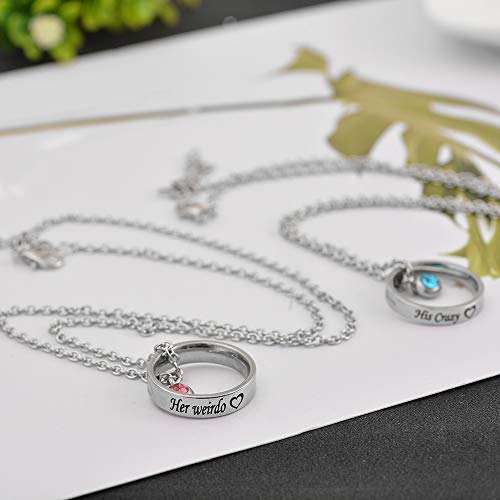 Mjartoria Matching Necklaces For Couples, His And Hers Engraved Rhinestone Ring Pendant Set Gifts For Boyfriend Girlfriend(Silver-Her Weirdo His Crazy) #TOP3