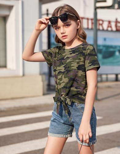 Image of Arshiner Girls Short Sleeve Shirts Tie Knot Front Tops T Shirts for Kids Crewneck Cute Casual Tie Dye Tee Blouse