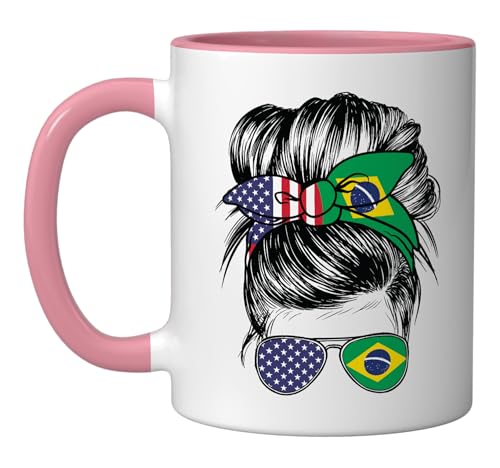Taza cerámica Brasil y USA 11 Onzas Rosa/Blanco miniatura 1
