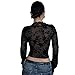 Women Floral Flocking Sheer Mesh Crop Top T Shirt Sexy Lace Deep V Neck Blouse Long Flare Sleeve Slim Tee Shirt Black