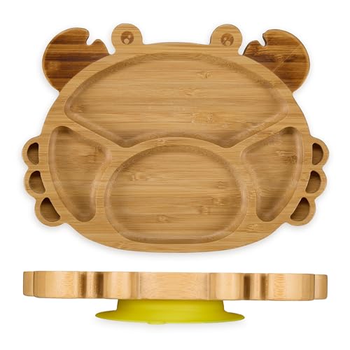Relaxdays Baby Teller mit Saugnapf, Bambus, Krabbe, rutschfest, BPA-frei, Beikost, unterteilter Kinderteller, natur