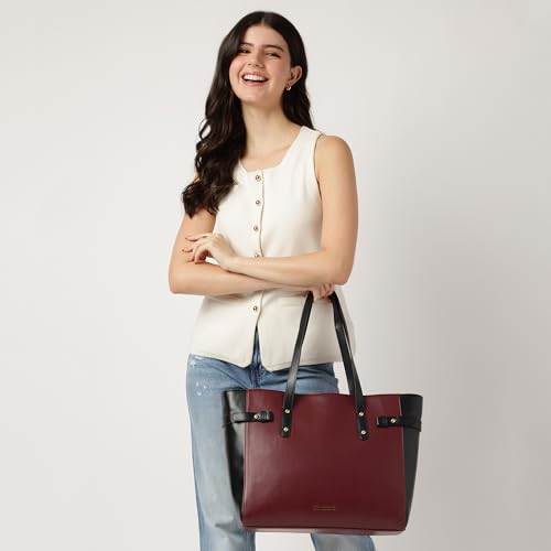 Image of Fastrack Black Powermode Laptop Tote For Women | Black Faux Leather Bag | Fits Upto 15 inch Laptop | Ladies Tote Bag with Zipper Closure & Utility Pockets