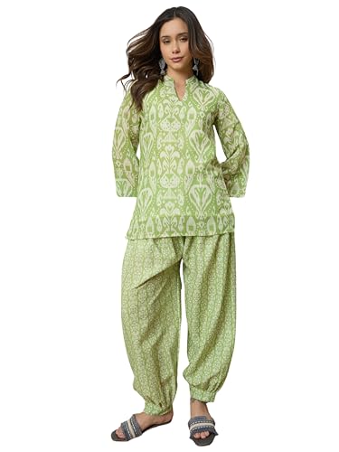 Image of EthnicJunction Women's Linen Floral Print Summer Wear Straight Short Kurti with Afghani Pant Set | Co Ord Set for Women Stylish | Fusion wear Women