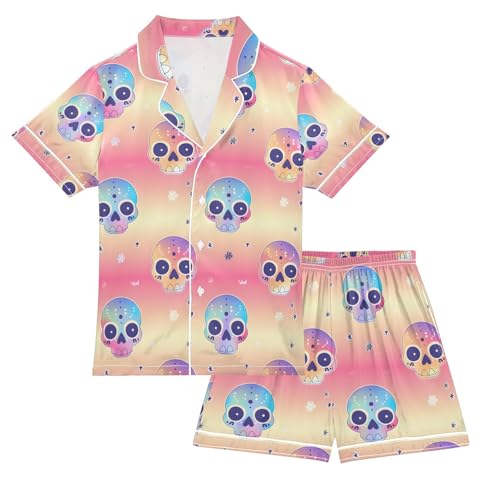 ALAZA Cute Sugar Skull Colorful Pajamas Satin Pajama Set Short Sleeve Button Down Sleepwear