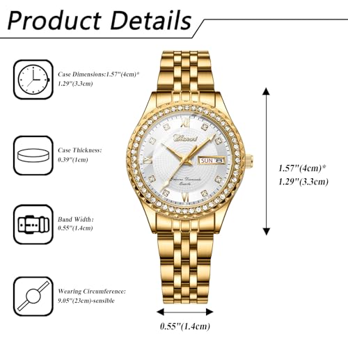 Image of JewelryWe Couple Gold Quartz Watch: Business Analog Full Diamond Day Date 3ATM Waterproof Luminous Hands Stainless Steel Removable Strap Casual Wrist Watch for Father's Day