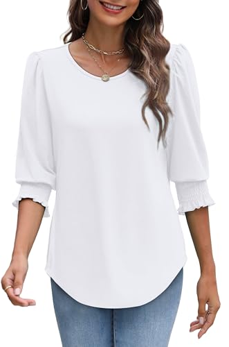 Image of XIEERDUO Blouses for Women Dressy Casual 3 /4 Length Sleeve Womens Tops with Smocked Cuffs