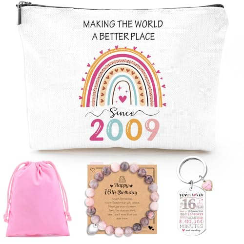 Luvsweets 16th Birthday Gifts for Girls - 2009 Birthday Makeup Bag, You Have Been Loved For 16 Years Keychain, Healing Bracelets with Heart Charm, 16 Year Old Birth Gift Ideas for Daughter Sister Luvsweets 16th Birthday Gifts for Girls - 2009 Birthday Makeup Bag, You Have Been Loved For 16 Years Keychain, Healing Bracelets with Heart Charm, 16 Year Old Birth Gift Ideas for Daughter Sister