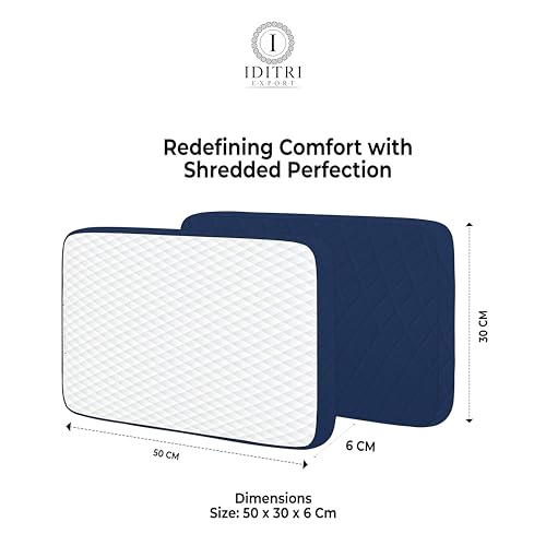 Image of Shredded Memory Foam Pillow, 50x30x6 cm High Density Core for Neck Pain Relief, Breathable White and Navy Blue Jacquard Cover, Orthopedic Bedding Support for Aligned Spine